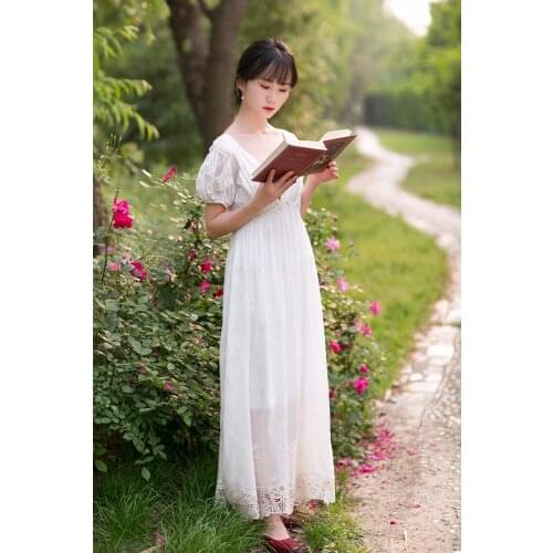 LYNETTES CHINOISERIE Summer Original Design Women Royal Vintage Embroidery Lace V-neck White Silken Cotton Fairy Dresses