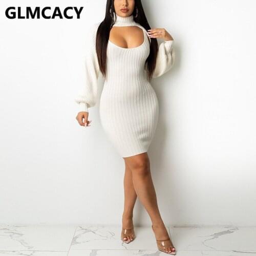 Women Two Piece Ribbed Dress Elegant Chic Bodycon Mini Dress