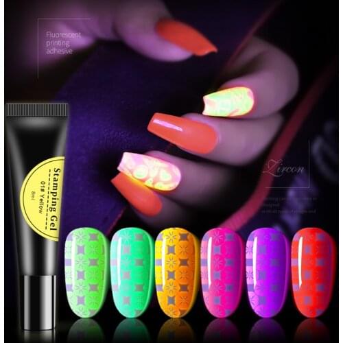 1 Bottle Neon Nail Polish Luminous Gel Nail Art Stamping Plates Printing Image Transfer Design Glow in Dark Fluorescent Varnish