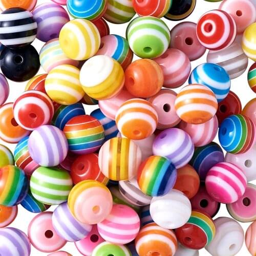 100pcs/lot 8mm 10mm Round Mixed Rainbow Candy Color Resin Stripe Spacer Balls Beads for Earring Bracelets Necklaces Making