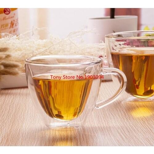 48pcs/lot 180ml 240ml double wall coffee mugs transparent heart shaped milk tea cups with handle Romantic gifts