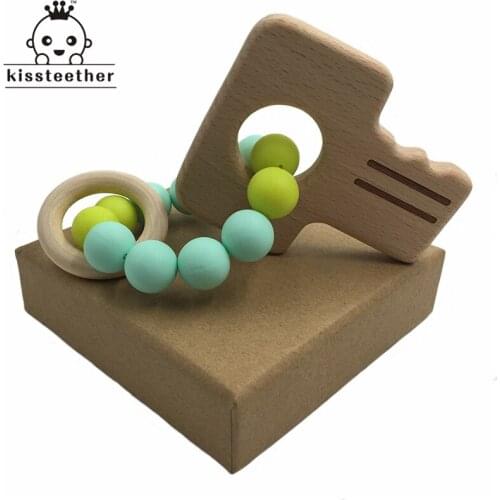 Baby Bracelets Beech Wood Key Nursing Accessories Wooden Teether Baby Shower Gifts Chew Silicone Beads Bracelets
