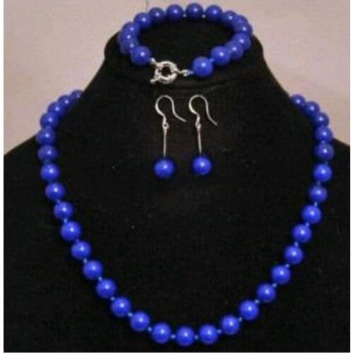 Free Shipping Hot sale 1set 10mm Blue Egyptian Lapis Lazuli Gems Necklace 18'' Bracelet 7.5'' Earring