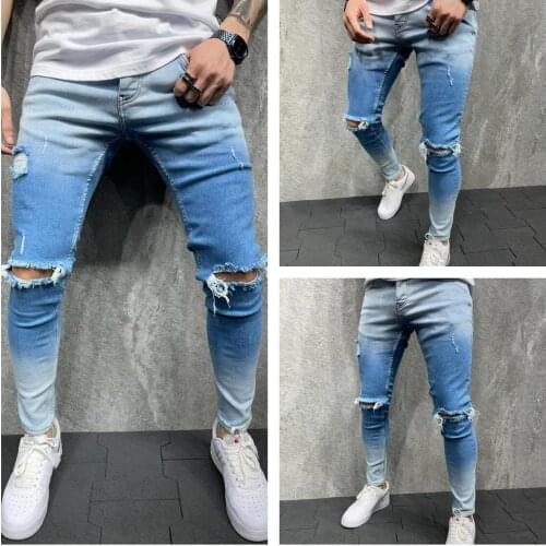 Mens Ripped Jeans Gradient Color Mid Waist Trousers Fashion Casual Wild Slim Skinny Hole Pencil Pants for Spring Summer