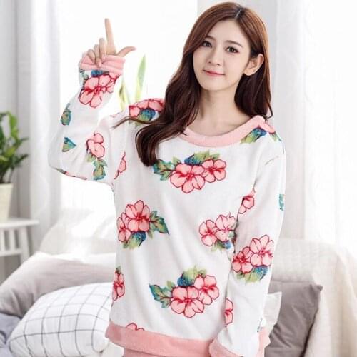 H5714 Thickened Ladies Pajamas Coral Fleece Winter Cartoon Long Sleeve Sleepwear Women Warm Cute Flannel Home Clothes Suit