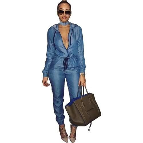 Women Hooded Casual Denim Jumpsuit Sexy Front Zipper Long Sleeve Blue Jeans Romper Female Elegant Loose Overalls Combinaison