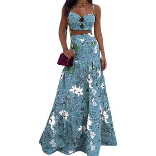 Skirt Set Women Summer Bohemian Sexy Plus Size Floral Print Spaghetti Strap Summer High Waist Large Hem Skirt Set Streetwear
