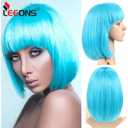 Leeons Cosplay Wigs With Bangs For White Women 23Colors Black Red Yellow Short Straight Bob Synthetic Hair Heat Resistant Fiber