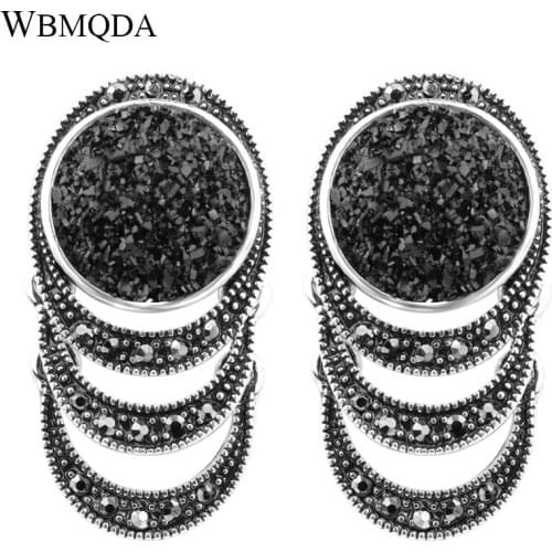 Hot 2018 Fashion Black Crystal Stone Big Earrings For Women Vintage Silver Plated Engagement Earrings Bohemian Jewelry Gift