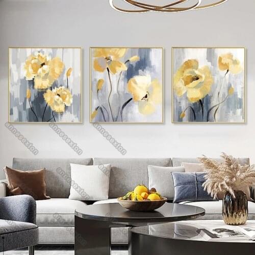 Nordic Style Watercolor Canvas Painting Wall Posters and Print Yellow Flowers and Gray Branches for Home Rooms Wall Decoration