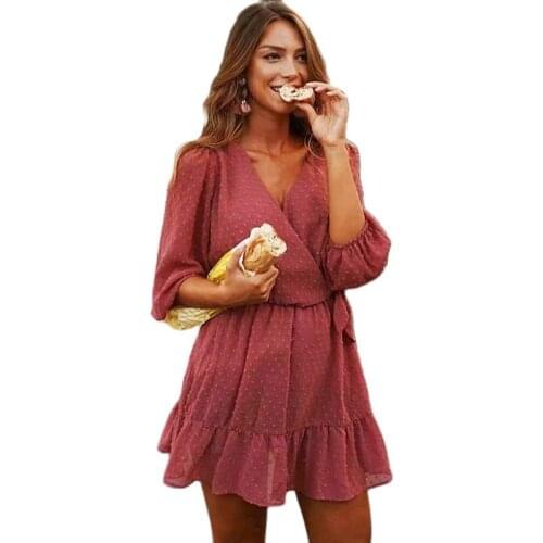 New Summer 2021 Womens Frilled Lace Chiffon Dress Bohemian Mini Beach Dress Quarter Sleeve Ladies Party Dresses