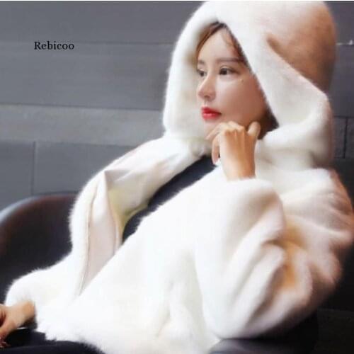 Winter Warm New Faux Mink Casual Women Faux Fur Coat Hooded Furry Fake Rabbit Fur Ladies Jacket Zipper Pink Outwear Plus Size
