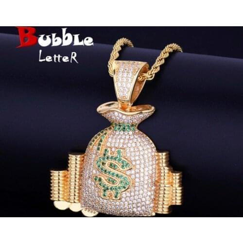 Money Bag Pendant Necklace Gold Color Cubic Zircon Mens Hip Hop Jewelry