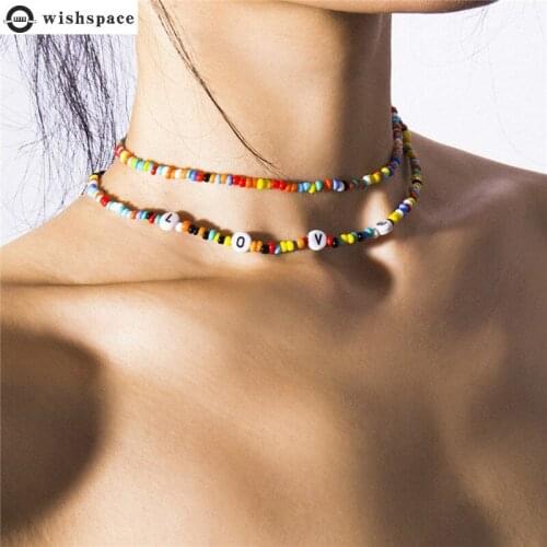Wishspace color glass beads double choker necklace, fashionable woman necklace fashion jewelry wholesale love letters