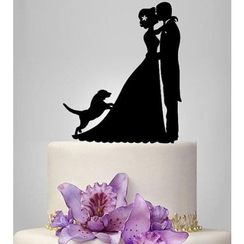 Personalized Bride and Groom silhouette wedding Cake Topper with dog