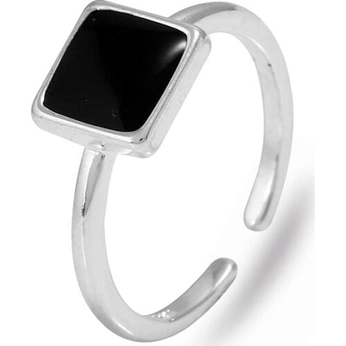 925 Sterling Silver Rings for Women Men Daily Wear Black glazed square face Adjustable Open Ring Wedding Rings Jewelry