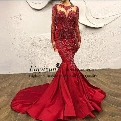 Dubai Luxury Red Crystal Mermaid Prom Dresses With Detachable Train Full Sleeves Long Evening Dresss Beaded Lace Prom Gowns