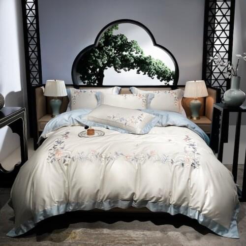 Luxurious White Flowers Egyptian Cotton Embroidery Duvet Cover Bed Linen Fitted Sheet Pillowcases Bedclothes King Queen Size 4PC