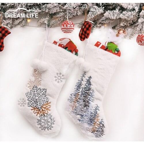 Christmas Stocking Christmas Decorations Gift bag Embroidered Snowflake Christmas Tree White Plush Goodie Bag Home Room Decor
