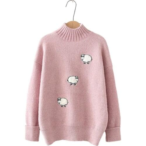 Turtleneck Women Sweaters Cartoon Embroidery Long Sleeve Knitted Pullover 2020 Winter Sweet Style Ladies Bottoming Warm Tops