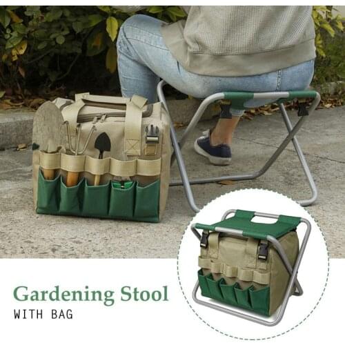 Gardening Stool With Tote Bag Chair Tool Organizer Portable Folding Seat Outdoor Multifunctional Practical Multiple Pocket Stool