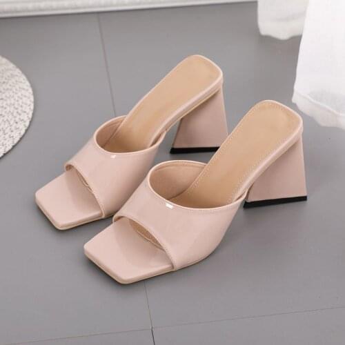 Slippers Women Summer Luxury 2021 New ZAR Fashion 8 CM Square Toe High Heels Woman Shoes On Heels Sandals Apricot Plus Size 42