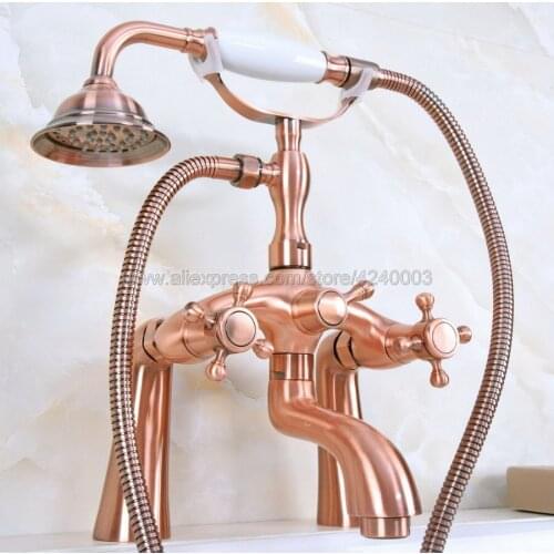 Antique Red Copper Deck Mounted Two Handle Bathtub Faucet Telephone Style Dual Hole Bathtub Mixer with Handshower Head Kna154