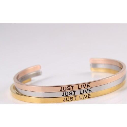 Inspirational Quotes "JUST LIVE"Open Cuff Bracelets Rose Gold Stainless Steel Bangles for Women&Men