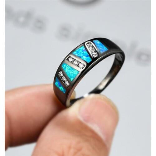 Vintage 14KT Black Gold Wedding Ring Luxury Female Blue Fire Opal Stone Ring Charm Stone Promise Love Engagement Rings For Women