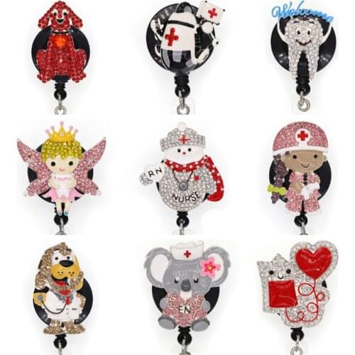 Rhinestone enamel Tooth snowman cartoon animal doctor nurse Retractable ID Badge Holder reel