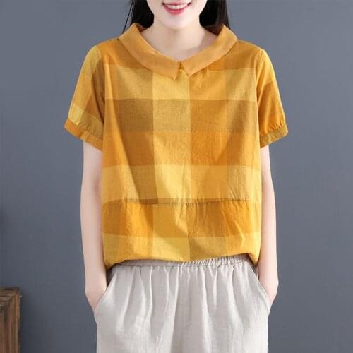 Summer New Arts Style Women Short Sleeve Loose Casual Peter Pan Collar Blouses Cotton Linen Plaid Vintage Shirts Plus Size M32