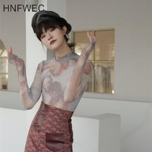 Sheer T Shirt Women Turtle Neck Mesh Top Painting Print Long Sleeve Tee Shirt Femme Body Tight Underwear Fall Clothes Y654