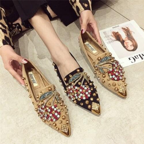 2021 Autumn New Luxury Muller Ladies Flat Shoes Rhinestone Shiny Cherry Womens Metal Pointed Toe Casual Comfortable Loafers 43