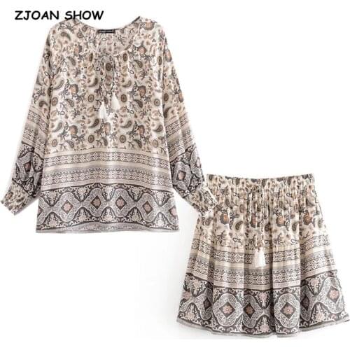 1 set 2020 BOHO Paisley Floral Print Long sleeve Shirt Ethnic Women Tassel Lacing up Mini Short Skirts Holiday Skirt sets Suits