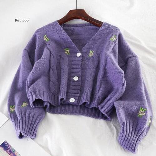 Spring and Autumn V-neck Lantern Sleeve Embroidery Hollow Flowers Gentle Cute Cardigan Womens Knit Fashion Loose Sweater