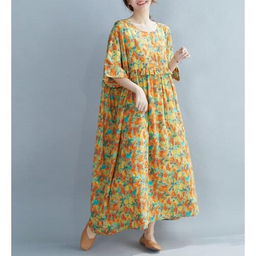 Edible Tree Fungus Print Floral Fashion Women Dress Cotton Short Sleeve Loose Summer Dress Holiday Travel Casual Midi Dress