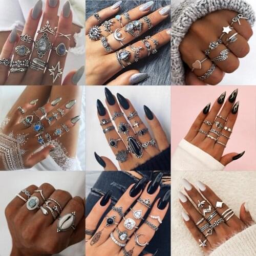 30 Styles Vintage Boho Midi Knuckle Rings Set Heart Cross Leaf Sun Rose Flower Jewelry Silver Color Rings for Women Jewelry Acc