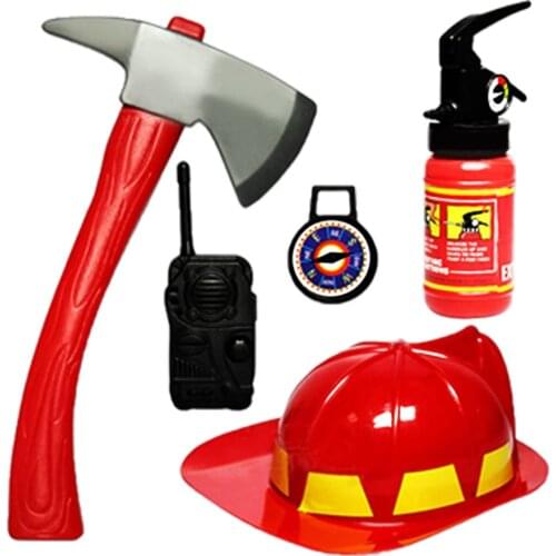 5PCS Kids Fireman Firefighter Tool Helmet Extinguisher Hat Axe Crowbar Fire Extinguisher Accessories Career Pretend Play Toy