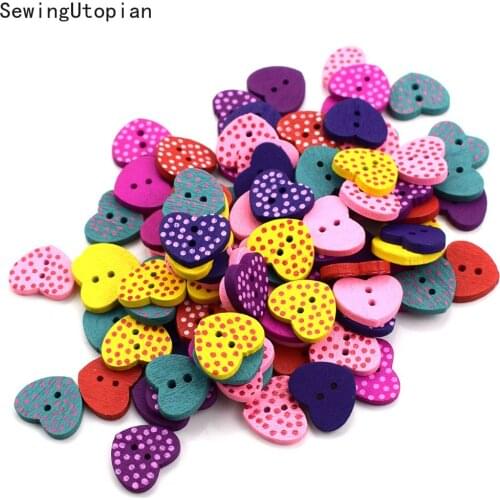 50PCS 15MM Mixed Heart Shape Wooden Buttons Sewing Tools Decorative Wood Button Scrapbooking Garment DIY Apparel Accessories