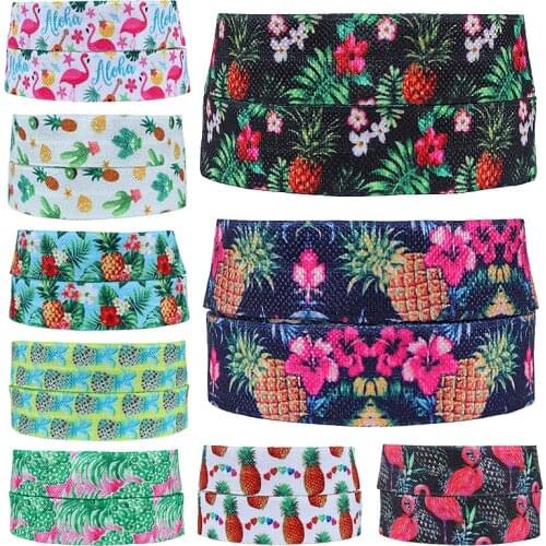 50 yards/lot) Flora Ribbons summer floral foe, wholesale 5/8" flamingo and pineapple printed fold over elastic