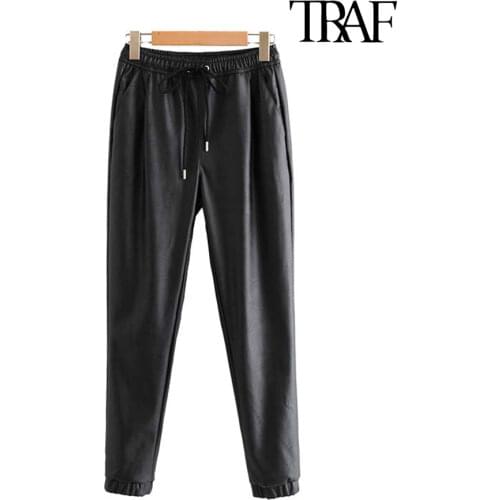 TRAF Women Faux PU Leather Pockets Pants Vintage Fashion Elastic Waist Drawstring Tie Ladies Ankle Trousers Pantalones Mujer