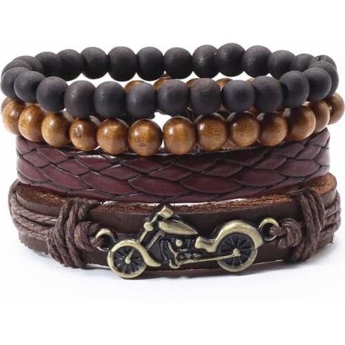 Black Brown Leather Bronze Motorcycle Green Leaf Feather Guitar Charm Wood Beads Men Bracelets For Women Homme Male Jewelry