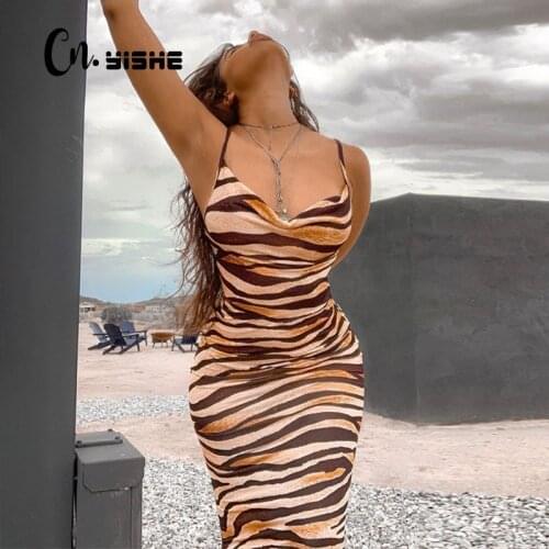 CNYISHE 2019 Autumn Sexy Tiger pattern Print Sleeveless Maxi Dresses Women Backless Long Spaghetti Strap Night Girls Dress Robes