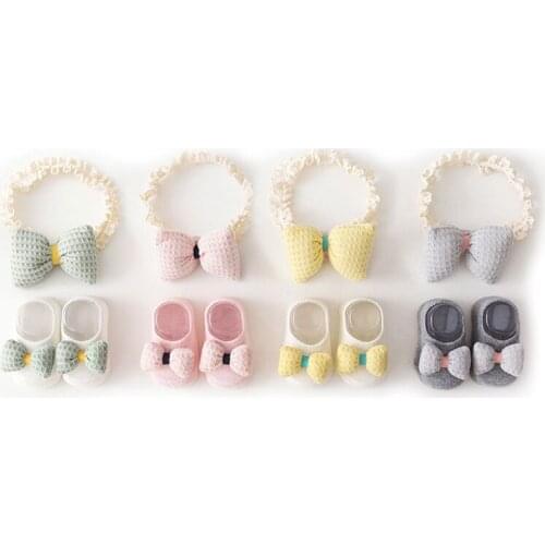 Children Cotton Floor Socks Infant Solid Color Plaid Bow Headband Sets Baby Gift 2PC Suit New Born Accessories Girls Short Socks