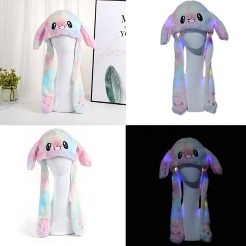 Adult Kids LED Glowing Rainbow Colorful Plush Animal Hat Lovely Moving Rabbit Bunny Ears Light Up Earflap Cap Christmas