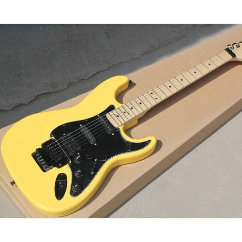 Factory Custom Yellow Body Electric Guitar with Black Pickguard,Black Hardwares,Maple Fingerboard,Floyd Rose,Offer Customized