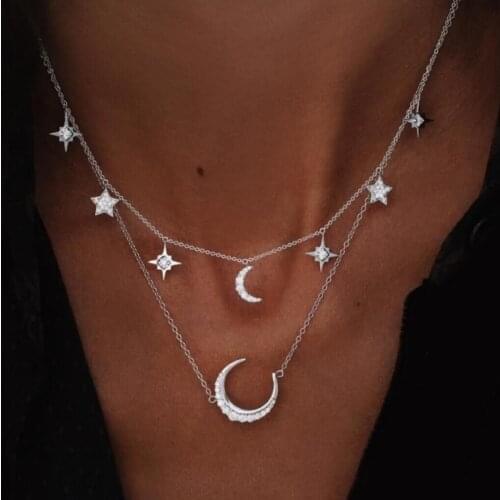 F94351 jewelry creative fashion personality full diamond five pointed star moon multilayer Necklace
