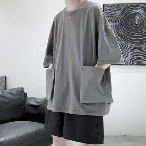 BF sleeve T-shirt loose ins big pocket five point lazy summer youth short sleeve t-shirt mens Harajuku