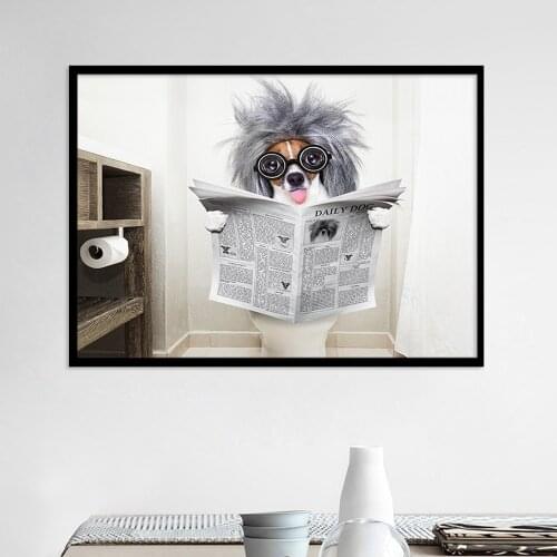 Personality Alternative Animal Print Poster Dog Reading Newspaper Creative Canvas Painting Living Room Bar Wall Decor Pictures