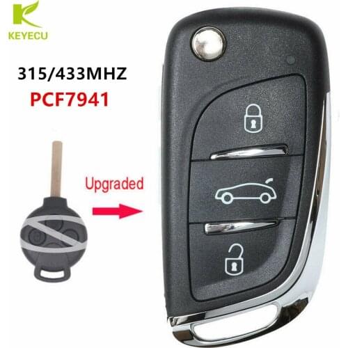 KEYECU New Upgraded Flip Remote Car Key Fob 3 Button 315/433MHz Optional PCF7941 for Benz Smart Fortwo 451 2007-2013